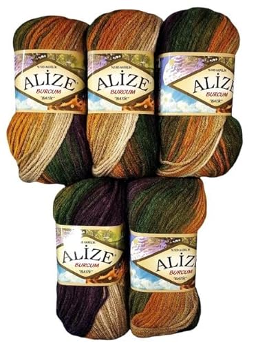 500 Gramm Ilkadim Export Burcum Batik Wolle mehrfarbig mit Farbverlauf, 5 x 100 Gramm Acryl Strickwolle bunt (ocker olive beige 5850) von Ilkadim Export