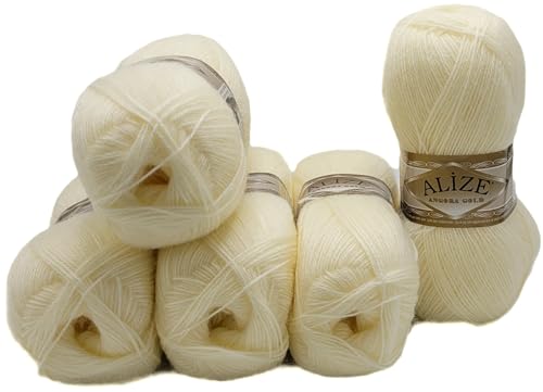 500 Gramm Ilkadim Export Strickwolle Angora gold mit 20% Wolle, 5 x 100 Gramm Strickgarn einfarbig (creme 62) von Ilkadim Export