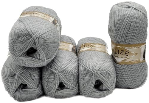 500 Gramm Ilkadim Export Strickwolle Angora gold mit 20% Wolle, 5 x 100 Gramm Strickgarn einfarbig (grau 21) von Ilkadim Export