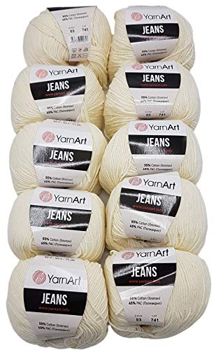 500g Strickwolle Ilkadim Export Jeans einfarbig mit 55% Baumwolle, 10 x 50 Gramm Wolle uni (creme 03) von Ilkadim Export