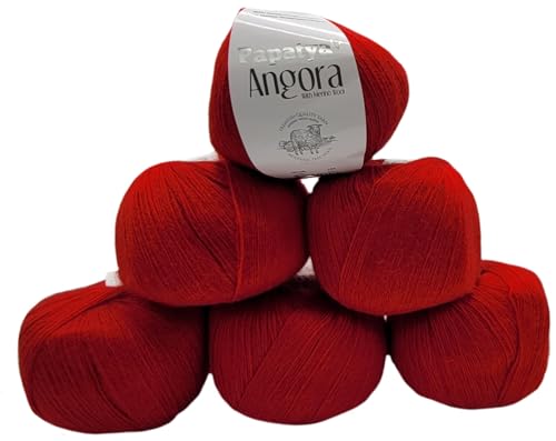 6 x 100 g Strickgarn Papatya Angora einfarbig mit 20% Merino Wolle, 600 Gramm Strickwolle uni (rot 3080) von Ilkadim Export
