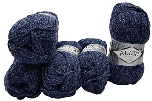 Ilkadim Export Superlana Maxi 5 x 100 Gramm schöne dicke Wolle zum Stricken und häkeln, 500 Gramm Strickwolle 75% Acryl 25% Wolle (blau meliert 805) von Ilkadim Export