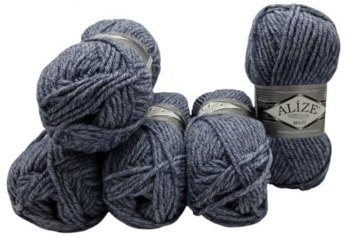Ilkadim Export Superlana Maxi 5 x 100 Gramm schöne dicke Wolle zum Stricken und häkeln, 500 Gramm Strickwolle 75% Acryl 25% Wolle (graublau meliert 806) von Ilkadim Export