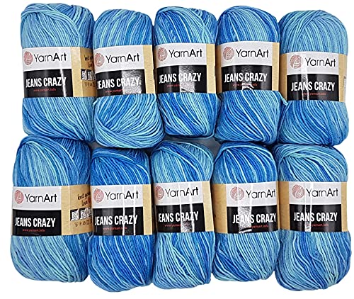 10 x 50g Strickwolle YarnArt Jeans Crazy mit 55% Baumwolle, 500 Gramm Wolle mit Farbverlauf mehrfarbig (blau türkis mint 8212) von Ilkadim