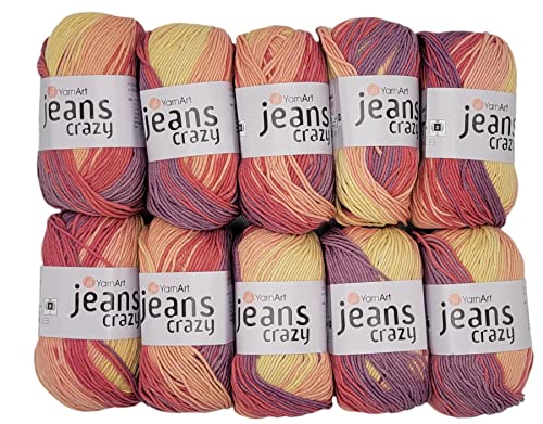 10 x 50g Strickwolle YarnArt Jeans Crazy mit 55% Baumwolle, 500 Gramm Wolle mit Farbverlauf mehrfarbig (flieder rosa creme 8206) von Ilkadim