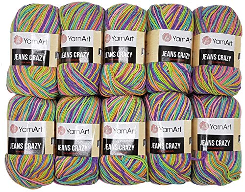 10 x 50g Strickwolle YarnArt Jeans Crazy mit 55% Baumwolle, 500 Gramm Wolle mit Farbverlauf mehrfarbig (grün türkis lila 8215) von Ilkadim