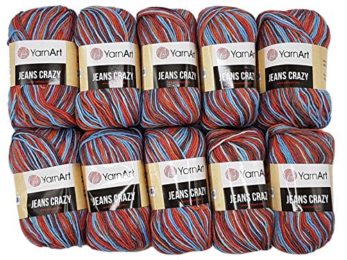 10 x 50g Strickwolle YarnArt Jeans Crazy mit 55% Baumwolle, 500 Gramm Wolle mit Farbverlauf mehrfarbig (lila orange blau 8214) von Ilkadim
