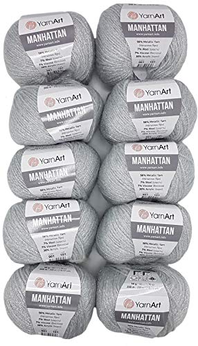 10 x 50g YarnArt Manhattan Viscose - Garn mit Glitzer, 500 Gramm Metallic-Wolle, Effektwolle (silber 901) von Ilkadim