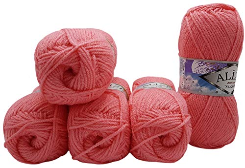 5 x 100 Gramm Alize Burcum Klasik Wolle einfarbig, 500 Gramm Strickwolle uni (rosa 170) von Ilkadim