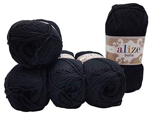 5 x 100 Gramm Baumwolle einfarbig, 500 Gramm Wolle aus 100% Baumwolle, Strickwolle (schwarz 60) von Ilkadim