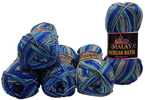 5 x 100 Gramm Wolle Mercan Batik mehrfarbig, 500 Gramm Strickwolle bunt (blau grau türkis 59517) von Ilkadim