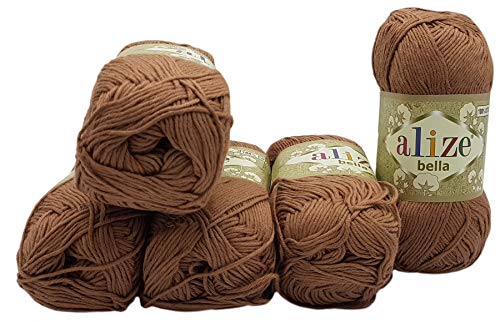 5 x 50 Gramm Alize Bella Baumwolle einfarbig, 250 Gramm Wolle aus 100% Baumwolle, Strickwolle (braun 466) von Ilkadim