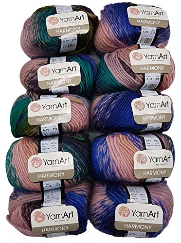 10 x 50 g YarnArt Harmony Strickwolle mehrfarbig mit Farbverlauf, 500 Gramm Strickgarn mit 60% Wolle-Anteil (blau rosa grün A10) von Ilkadim