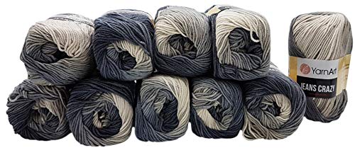 Ilkadim 10 x 50g Strickwolle YarnArt Jeans Crazy mit 55% Baumwolle, 500 Gramm Wolle mit Farbverlauf mehrfarbig (Anthrazit Grau 8204) von Ilkadim