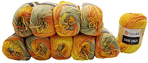 Ilkadim 10 x 50g Strickwolle YarnArt Jeans Crazy mit 55% Baumwolle, 500 Gramm Wolle mit Farbverlauf mehrfarbig (terrakotta gelb grau 8210) von Ilkadim