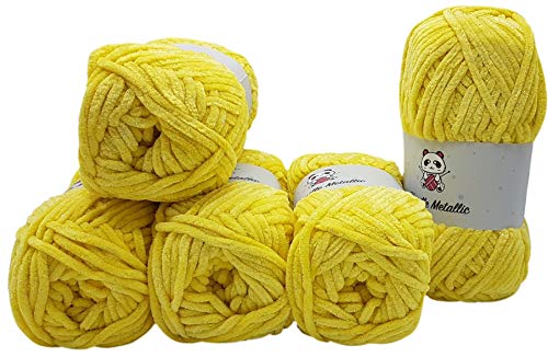 Ilkadim 5 x 100 Gramm Chenille Metallic Strickwolle, Babywolle mit Glitzer, 500 Gramm Wolle Super Bulky (gelb 820-14) von Ilkadim