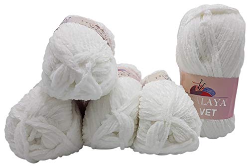 Ilkadim 5 x 100 Gramm Himalaya Velvet Micro-Polyester Strickwolle, Babywolle samtig 500 Gramm Wolle (weiß 90001) von Ilkadim