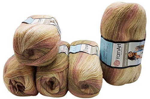 5 x 100 g YarnArt Angora Active Strickwolle mehrfarbig mit Farbverlauf, 500 Gramm Strickgarn mit 25% Mohair Wolle-Anteil (braun khaki creme 853) von Ilkadim