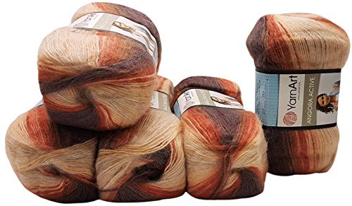 5 x 100 g YarnArt Angora Active Strickwolle mehrfarbig mit Farbverlauf, 500 Gramm Strickgarn mit 25% Mohair Wolle-Anteil (braun apricot creme 851) von Ilkadim