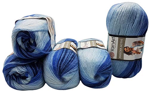 5 x 100 g YarnArt Angora Active Strickwolle mehrfarbig mit Farbverlauf, 500 Gramm Strickgarn mit 25% Mohair Wolle-Anteil (dunkelblau blau 842) von Ilkadim