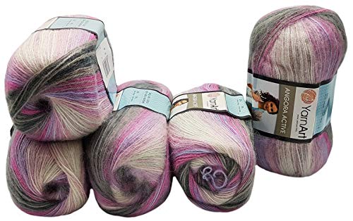 5 x 100 g YarnArt Angora Active Strickwolle mehrfarbig mit Farbverlauf, 500 Gramm Strickgarn mit 25% Mohair Wolle-Anteil (rosa grau weiß 848) von Ilkadim