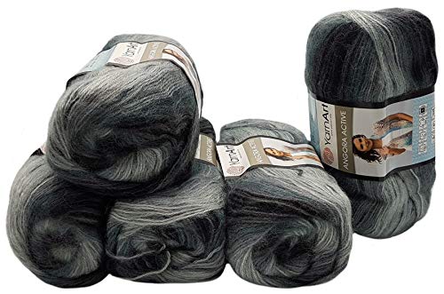 5 x 100 g YarnArt Angora Active Strickwolle mehrfarbig mit Farbverlauf, 500 Gramm Strickgarn mit 25% Mohair Wolle-Anteil (schwarz grau 840) von Ilkadim