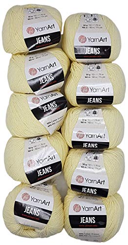 Ilkadim 10 x 50g Strickwolle YarnArt Jeans einfarbig mit 55% Baumwolle, 500 Gramm Wolle Uni (vanille 86) von Ilkadim