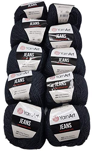 Ilkadim 10 x 50g Strickwolle YarnArt Jeans einfarbig mit 55% Baumwolle, 500 Gramm Wolle Uni (anthrazit 28) von Ilkadim