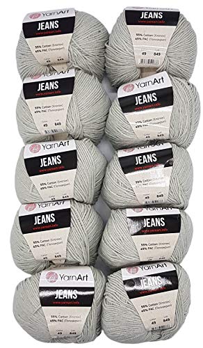 Ilkadim 10 x 50g Strickwolle YarnArt Jeans einfarbig mit 55% Baumwolle, 500 Gramm Wolle Uni (grau 49) von Ilkadim