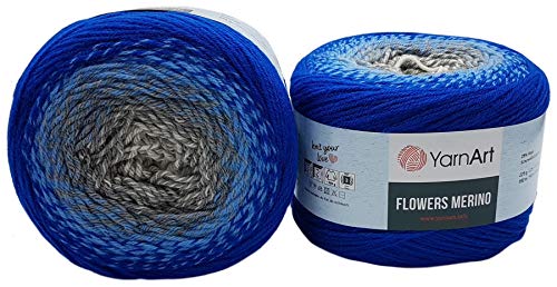 YarnArt Flowers Merino, 450 Gramm Bobbel Wolle Farbverlauf, 25% Schurwolle, Bobble Strickwolle Mehrfarbig (blau grau 534) von Ilkadim
