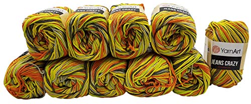 Ilkadim YarnArt Jeans Crazy Strickwollknäuel,10er-Packung, 50 g, aus 55 % Baumwolle, 500 g Wolle mit mehrfarbigem Farbverlauf (Terrakotta, Gelb, Kiwi, Grau 7201) von Ilkadim