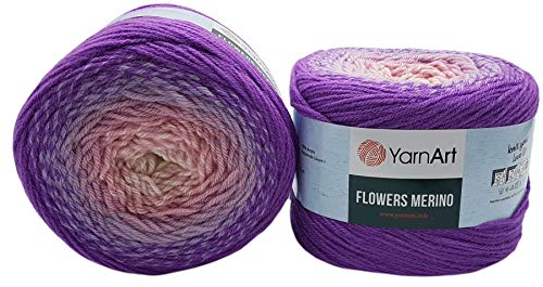 YarnArt Flowers Merino, 450 Gramm Bobbel Wolle Farbverlauf, 25% Schurwolle, Bobble Strickwolle Mehrfarbig (Flieder rosa Creme 531) von Ilkadim