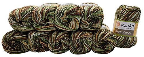 YarnArt Jeans Crazy 10er-Packung mit Strickwollknäueln, à 50 g, mit 55% Baumwolle, 500 g Wolle mit mehrfarbigem Farbverlauf, Braun, Grün, cremefarben (7203) von Ilkadim