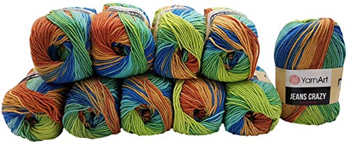 YarnArt Jeans Crazy 10er-Packung mit Strickwollknäueln, à 50 g, mit 55% Baumwolle, 500 g Wolle mit mehrfarbigem Farbverlauf, Terrakotta, Grün, Blau (8209) von Ilkadim