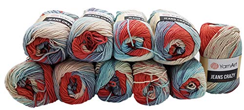 YarnArt Jeans Crazy Strickwollknäuel,10er-Packung, 50 g, aus 55% Baumwolle, 500 g Wolle mit mehrfarbigem Farbverlauf (Blau, Rot, Rosa, Flieder, Altweiß 8205) von Ilkadim