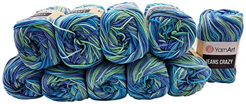 YarnArt Jeans Crazy Strickwollknäuel,10er-Packung, 50 g, aus 55 % Baumwolle, 500 g Wolle mit mehrfarbigem Farbverlauf (Blau, Türkis, Kiwi 7204) von Ilkadim