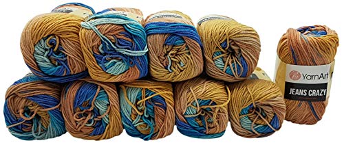 YarnArt Jeans Crazy Strickwollknäuel,10er-Packung, 50 g, aus 55 % Baumwolle, 500 g Wolle mit mehrfarbigem Farbverlauf (Braun, Blau, Türkis 8207) von Ilkadim