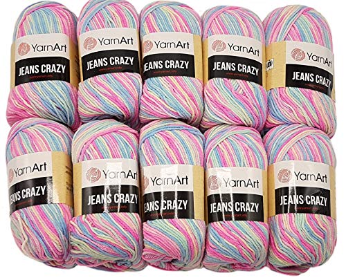 YarnArt Jeans Crazy Strickwollknäuel,10er-Packung, 50 g, aus 55% Baumwolle, 500 g Wolle mit mehrfarbigem Farbverlauf (Rosa, Blau, Mint usw. 7205) von Ilkadim