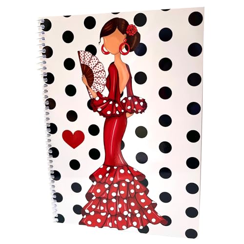 Notizbuch/Notizbuch Flamenca Pepa, 100 Seiten, kariert, 17 x 24 cm, weißer halbstarrer Einband mit schwarzen Punkten, Papier 80 g, illustriertes Design mit Fächer – Geschenkidee Flamingo von IllustrArte