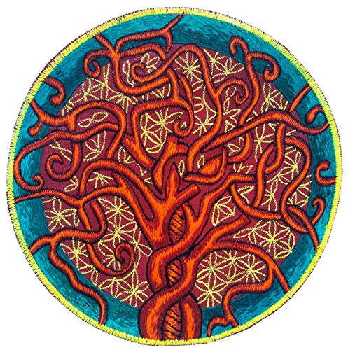 ImZauberwald Baum des Lebens & Blume des Lebens Aufnäher - heilige Geometrie(20cm, Schwarzlicht aktiv) ein handgestickter Lebensbaum Patch von ImZauberwald