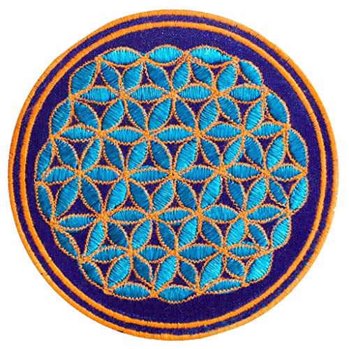 ImZauberwald Blume des Lebens Aufnäher blau orange (≈9cm Patch, Heilige Geometrie, UV aktiv) flower of life Drunvalo Melchizedek fol-blauorange von ImZauberwald