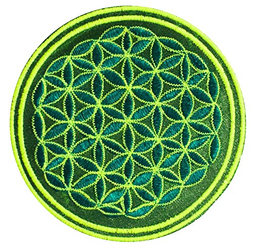 ImZauberwald Blume des Lebens Aufnäher grün UV gelb (≈9cm Patch, Heilige Geometrie, UV aktiv) flower of life Drunvalo Melchizedek fol-greenylw von ImZauberwald