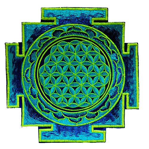 ImZauberwald Blume des Lebens Aufnäher - heilige Geometrie (17cm, Gelb UV aktiv, Yantra blau) von ImZauberwald