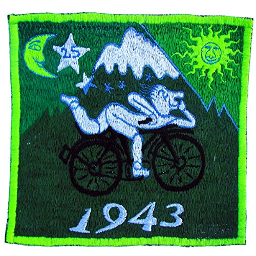 ImZauberwald Hofmann LSD Bicycle Day Aufnäher grün (16.5cm, Schwarzlicht aktiv, handgestickt ohne PC) psychedelic acid patch psy trance goa hippie blacklight glowing von ImZauberwald