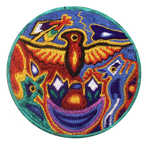 ImZauberwald Huichol Adler Aufnäher (Meskalin Peyote Kaktus indigenes Design, 8cm Durchmesser) psychedelische Schamanenkunst von ImZauberwald