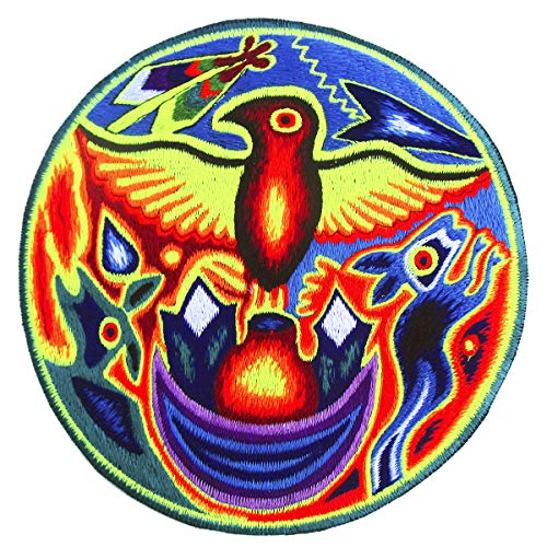 ImZauberwald Huichol Adler Aufnäher (20cm, UV Orange Schwarzlicht aktiv, goa patch, handgestickt ohne PC) psychedelic Peyote Meskalin Schamane von ImZauberwald