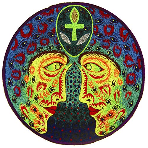 ImZauberwald Mandala Aufnäher (Schwarzlicht aktive Handarbeit) UV Patch Design, Applikation zum Aufnähen oder als Dekoration, handgemachte Goa Stickerei, L, Alien Liebe von ImZauberwald