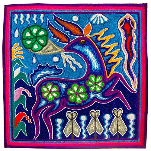 ImZauberwald Peyote Geist Stickerei (20cm, Schwarzlicht aktiv, Schamanisch, handgestickt ohne PC) Hikuri Huichol Reh Meskalin Kaktus Patch von ImZauberwald