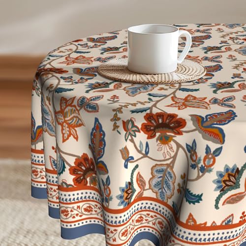 Imiss Runde Tischdecke mit Blumenmuster, strapazierfähig, waschbar, Bohemian-Stil, blau-rot, Blumenzweige, dekorative Bauernhaus-Tischdecke, 152,4 cm, für Küche, Esszimmer, Party, Camping von Imiss