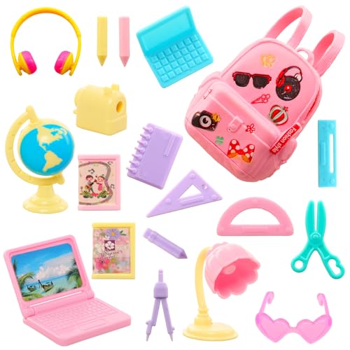 18-teiliges Schulzubehör-Set für Mädchen-Puppen – Mini Rucksack, Lampe, Laptop, Erdball, Brille & Kopfhörer, passend für 11,5-Zoll-Puppen, ideal für Schulspielset, verleiht Spielspaß & Kreativität​ von Imoncom